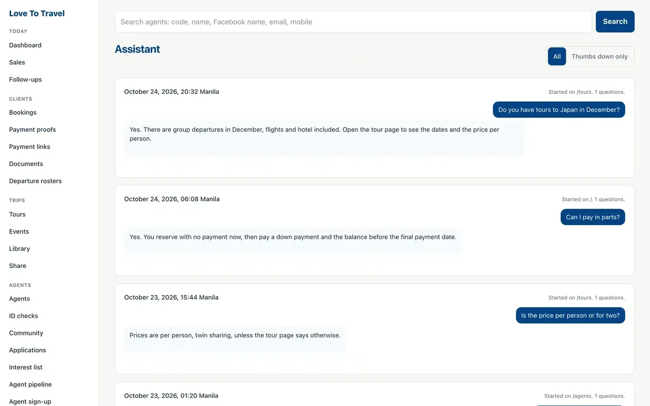The Love To Travel staff page that lists questions visitors asked the website assistant and the answers they got.