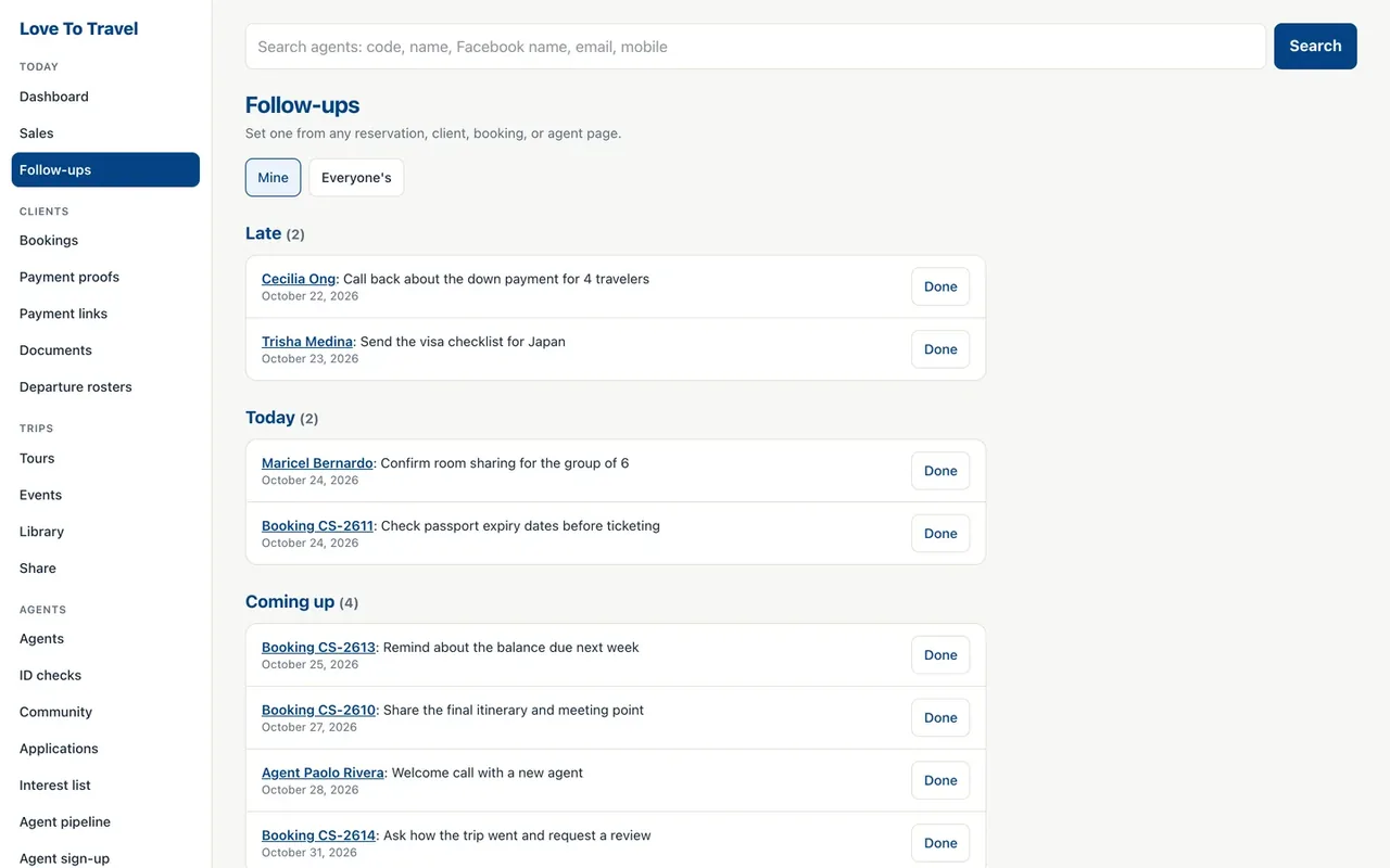 The Love To Travel follow ups page: late, today and coming up, each with a Done button.