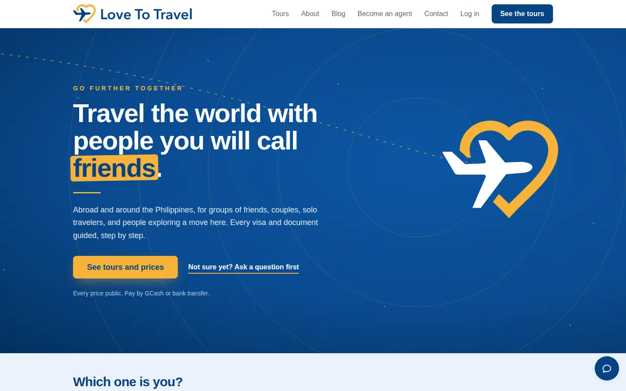 The Love To Travel home page on a desktop.