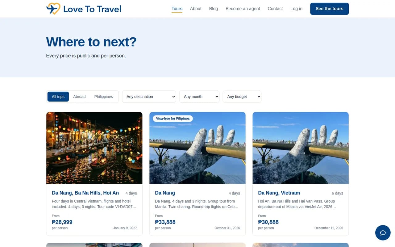 The Love To Travel tours page: filters for destination, month and budget, and tour cards with prices.