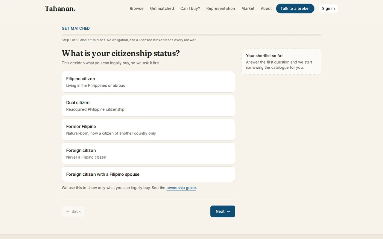 Step 1 of 9 of the Tahanan questionnaire: what is your citizenship status, with 5 answers.