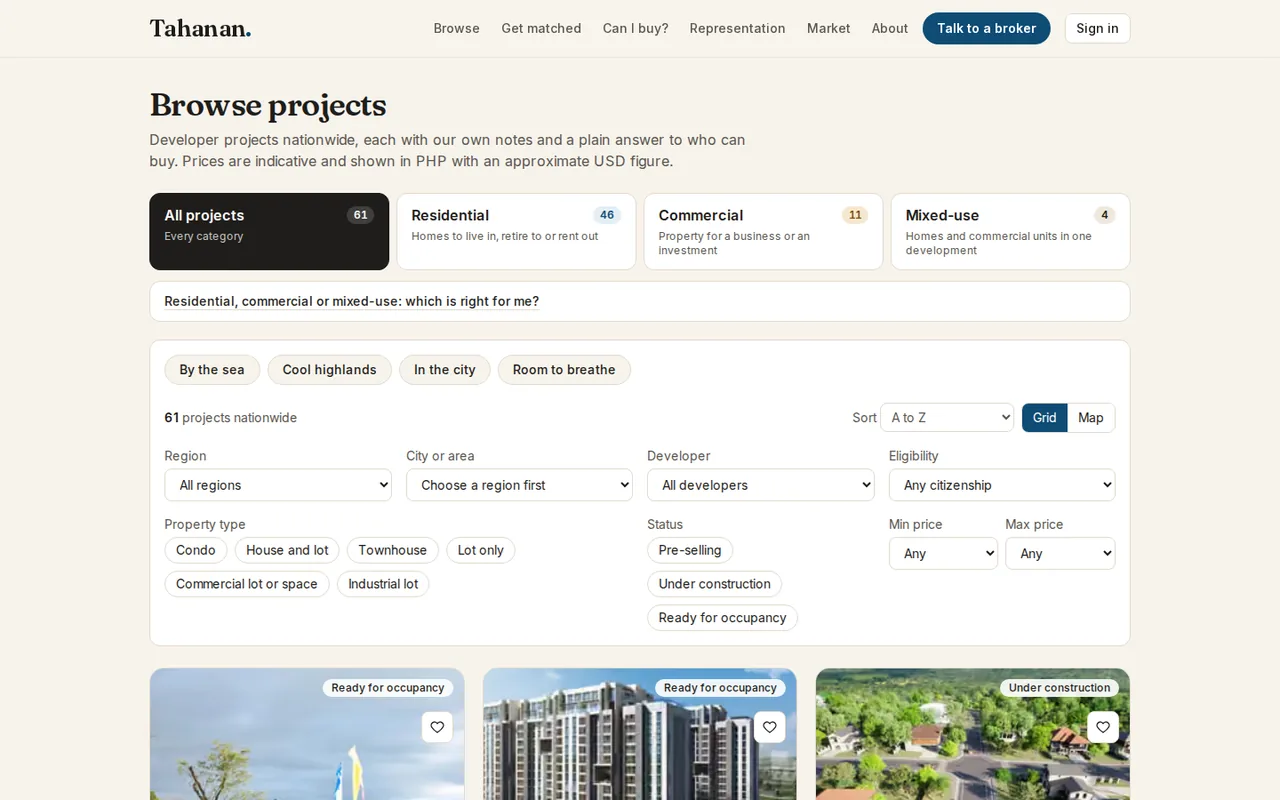 The Tahanan browse page: category tabs, filters for region, type, status and price, and project cards.
