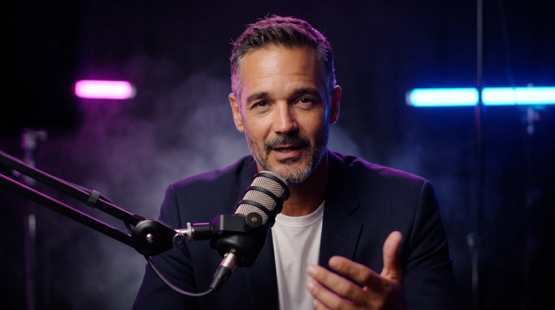 The AI person speaking into a podcast microphone in a dark studio with pink and blue neon lights.
