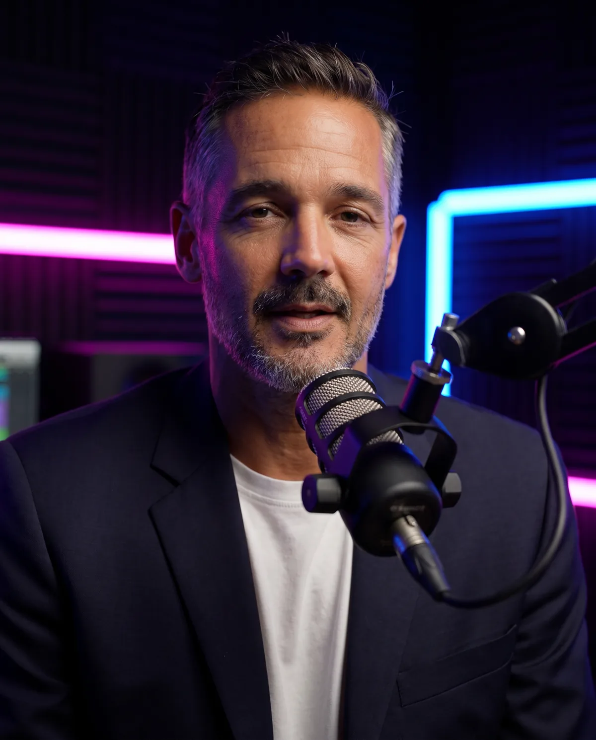 The AI person at a microphone in a dark studio with pink and blue neon lights.