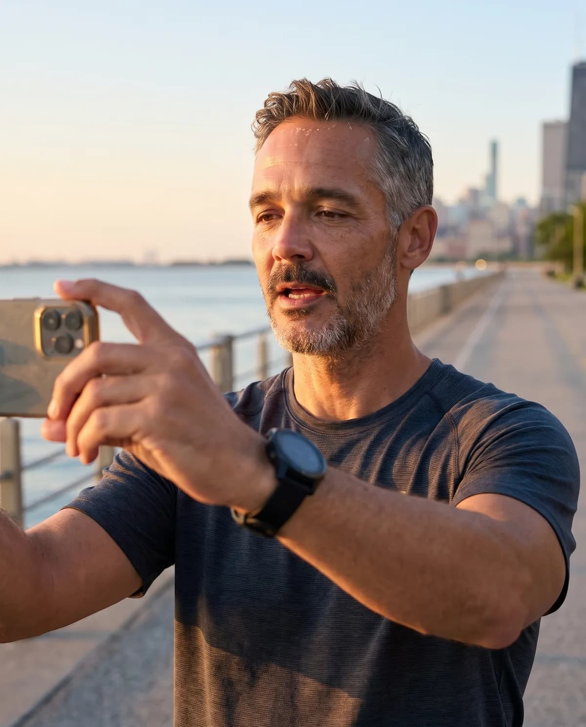 The AI person on a waterfront at sunrise, filming himself on a phone.
