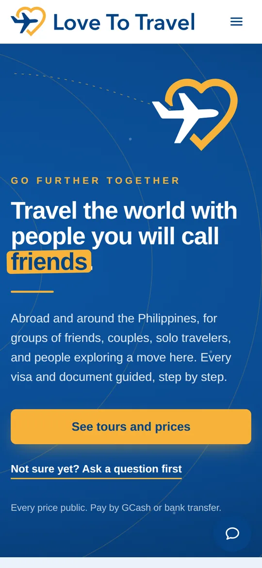 The Love To Travel home page on a phone. Screen 1 of 4.