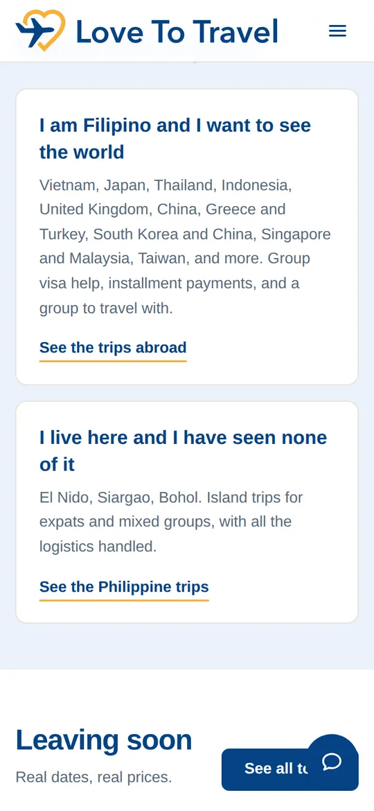 The Love To Travel home page on a phone. Screen 2 of 4.