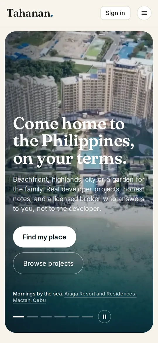 The Tahanan home page on a phone. Screen 1 of 4.