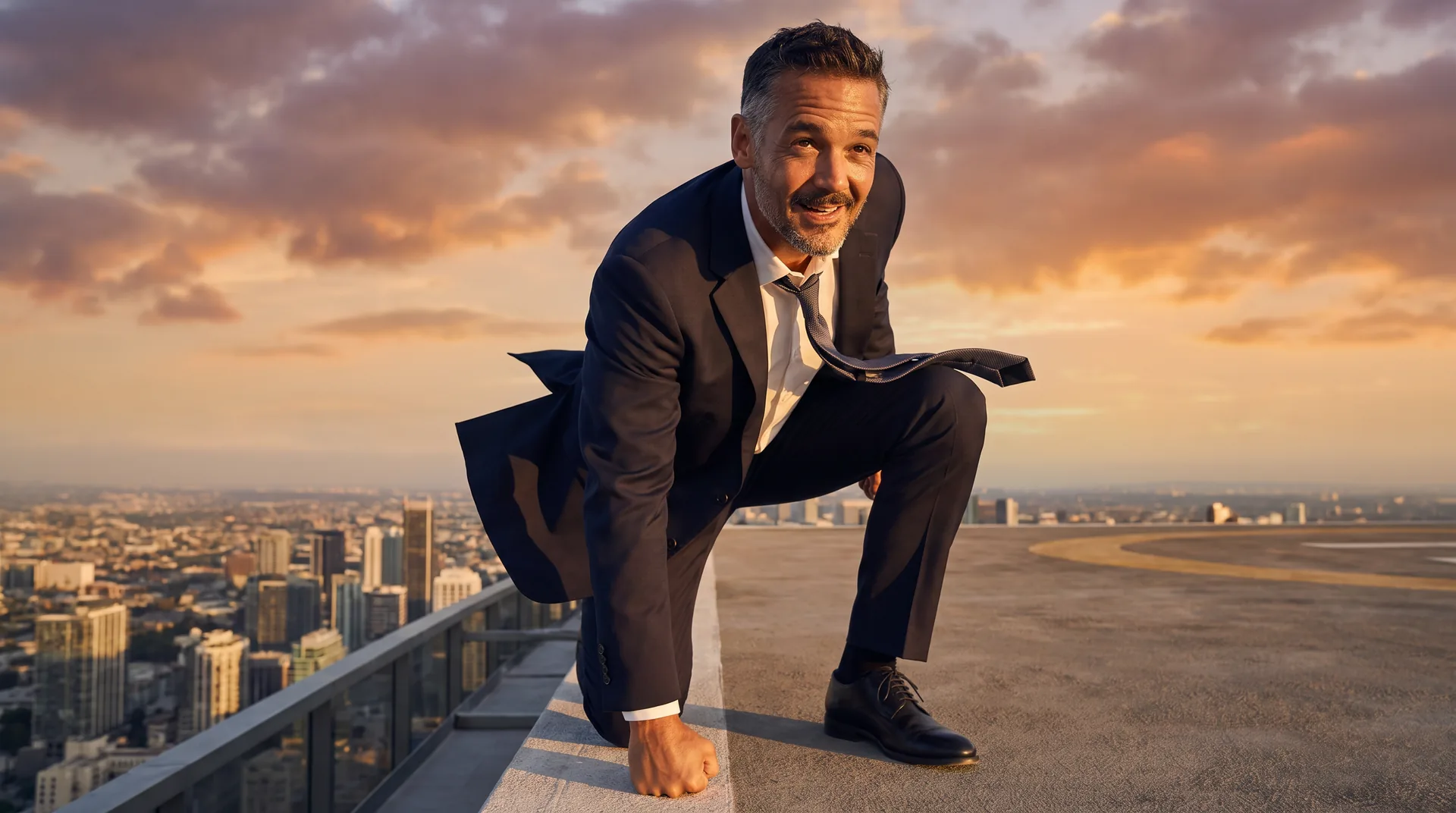 The AI person in a suit, crouched on a skyscraper rooftop at golden hour, about to launch into the sky.